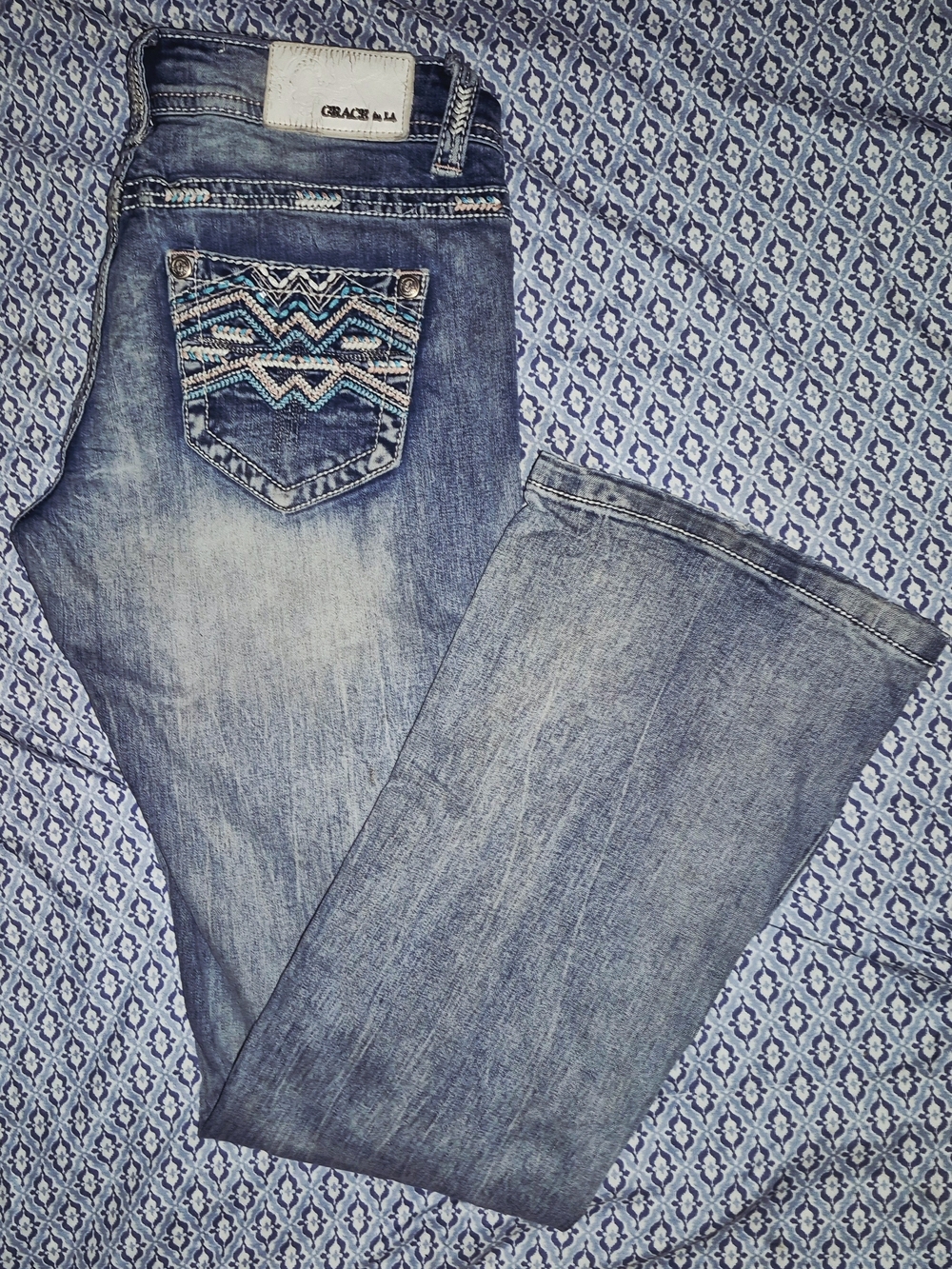 Grace in LA Light Blue Flared Jeans with Embroidered Back Pocket